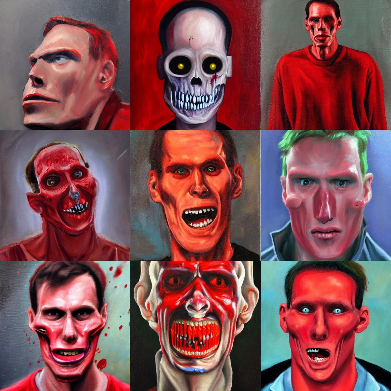 Prompt: a horror oil painting of jerma985 in red