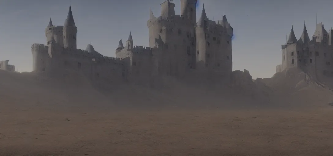 Image similar to A digital concept art painting of a dark blue medieval european ghotic castle in desert, 4K UHD image, unreal engine