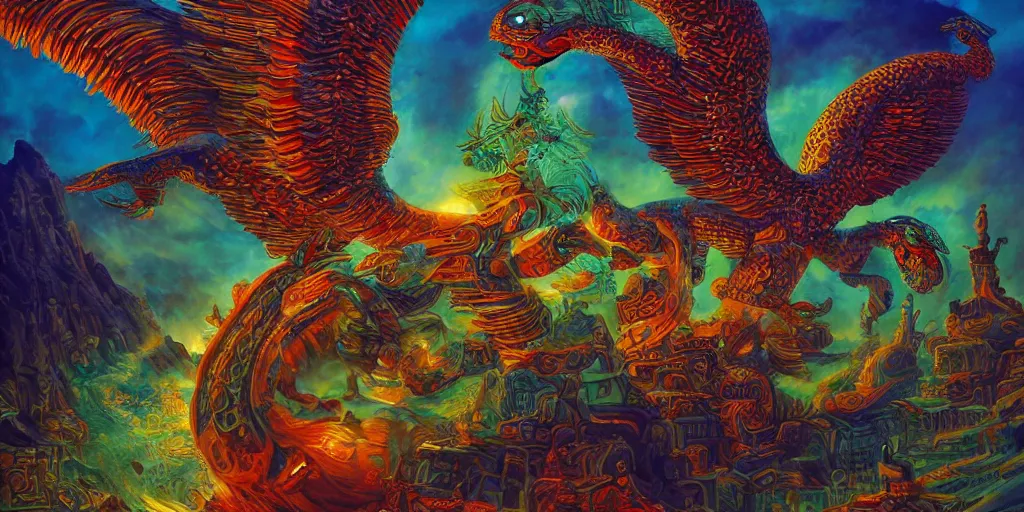 Prompt: Quetzalcoatl  the feathered serpent or plumed serpent is the Feathered-Serpent deity of ancient Mesoamerica by Liam Wong and Boris Vallejo