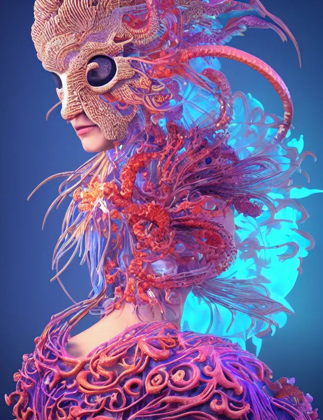 Prompt: 3 d goddess close - up profile portrait with ram skull. beautiful intricately detailed japanese crow jellyfish phoenix, bio luminescent, plasma kitsune mask and clasical japanese kimono. betta fish, jellyfish phoenix, bio luminescent, plasma, ice, water, wind, creature, artwork by tooth wu and wlop and beeple and greg rutkowski