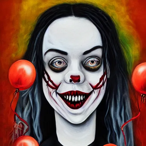 Image similar to grunge painting of billie eilish with her face split down the middle with a wide smile and a red balloon by chris leib, loony toons style, pennywise style, corpse bride style, horror theme, detailed, elegant, intricate