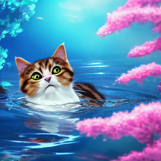 Prompt: A cat swimming in water, Japanese anime style, fantasy matte painting，cute, rich colors, high details，light effect，Disney Style，trending on unreal engine and artstation，8kHDR，