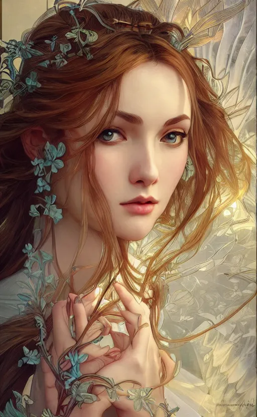 Image similar to a photograpic portrait of a pretty woman, angel, fantasy, intricate, elegant, highly detailed, digital painting, artstation, centered, concept art, smooth, sharp focus, arc, illustration, art by artgerm and alphonse mucha