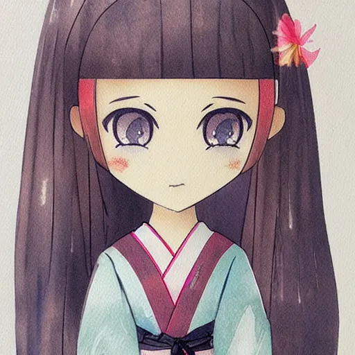 Prompt: beautiful water color concept art of face detailing cute nendoroid girl in the style of japanese wood printing , toon rendering, close-up, no shade, modern art, kyoto animation, manga, Julian Opie