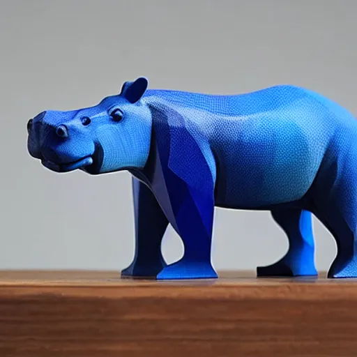 Prompt: a beautiful!!!!! minimalist curvy shaped small sculpture of hippopotamus!!!, ( ( wood ) ) and ( ( blue epoxy ) ), cubic blocks mix stripes cuts, side view profile centered