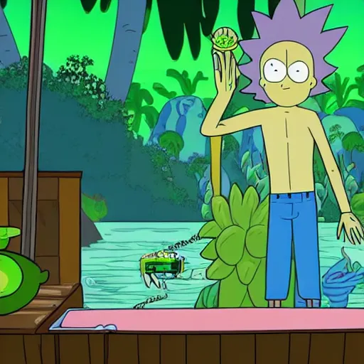 Prompt: High resolution: Subject: morty sits on toilet of paradise, background =  jungle scenes behind morty and Pickle Rick is being eaten by a giant shrimp in a lake, style= Full HD, 4K, QHD, camera angle = directly behind morty on the toilet looking out into the jungle scene where Pickle  Rick is being eaten by a giant shrimp