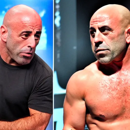 Image similar to joe rogan fighting a life sized gummy bear