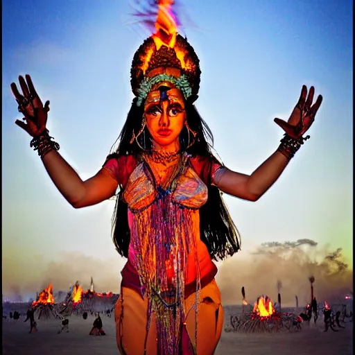 Prompt: hindu goddess of firespinning, burning man, fire poi, fire staff, tesseract, intricate