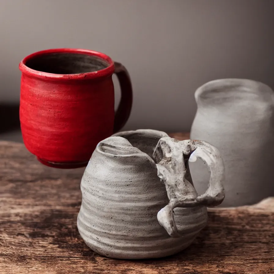 Image similar to beautiful studio photograph of a hand - thrown stoneware mug in the style of greek black on red pottery on a wooden table, hyperrealism 8 k trending on artstation