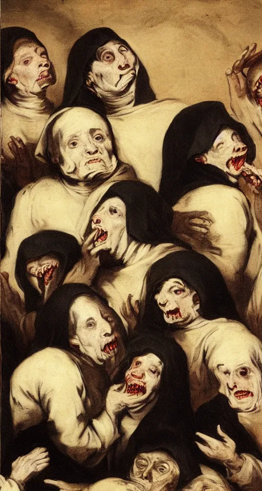 Image similar to human body being eaten by a group of eloquent, orderly nuns by francisco goya, gothic, lovecraftian, 4 k, realistic, high detail, gruesome