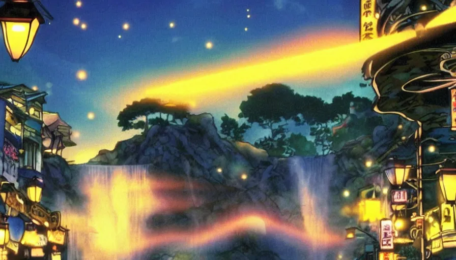 Image similar to A film still from a 1990s Sailor Moon cartoon featuring a moody street in Japan with a waterfall and lanterns, golden hour, cinematic look