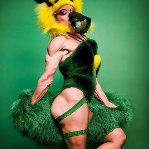 Image similar to dream muscular woman in a furry costune of Pikachu, performing burlesque, dark green background, photo by Annie Liebovitz for Vogue