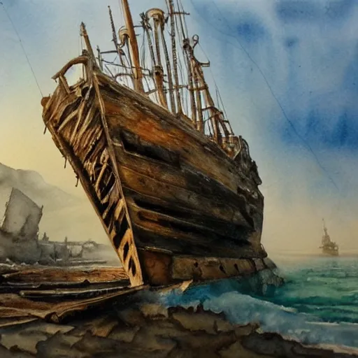 Prompt: the old shipwreck, a watercolor masterpiece by paco martinez, very detailed