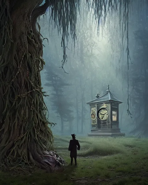 Image similar to highly detailed surreal vfx portrait of a cursed grandfather clock in a shadowy forest by a willow tree, stephen bliss, unreal engine, greg rutkowski, loish, rhads, beeple, makoto shinkai and lois van baarle, ilya kuvshinov, rossdraws, tom bagshaw, alphonse mucha, global illumination, detailed and intricate environment