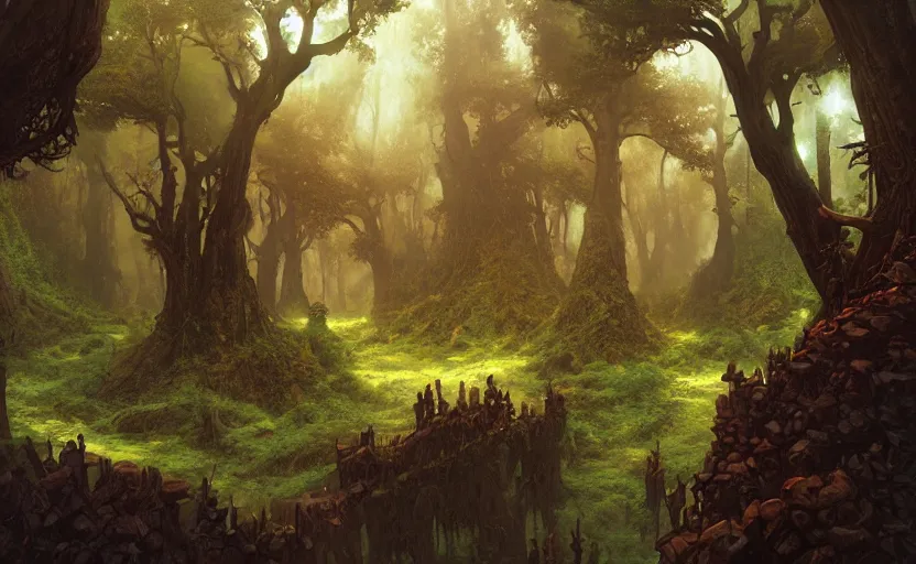 Image similar to magic forest with mage elves, matte painting by christophe vacher and marc simonetti.