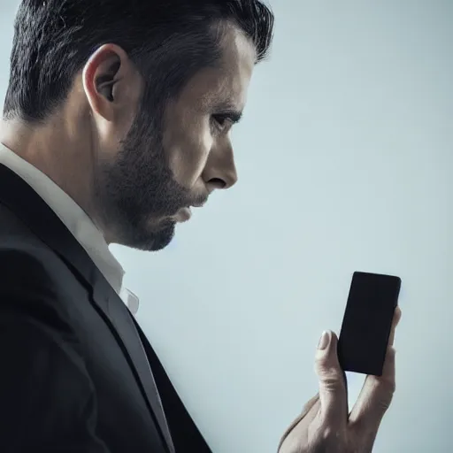 Image similar to man in a black suit, holding a very advance phone, photorealistic, realistic, dramatic, cinematic, cinematic, photography, sci fi