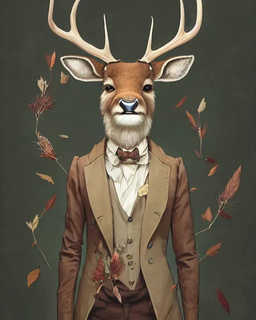 Image similar to anthropomorphic art of a scientist deer, victorian inspired clothing by artgerm, krenz cushart, victo ngai, ryohei hase, artstation. leaves, paper. highly detailed digital painting, smooth, global illumination, fantasy art by greg rutkowsky, karl spitzweg