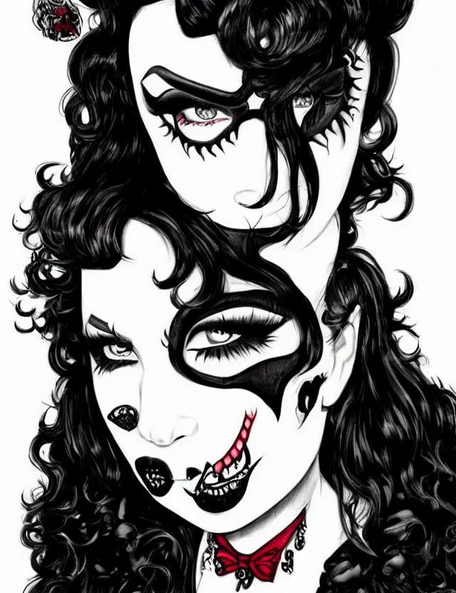 Image similar to of a goth girl burlesque psychobilly, rockabilly, punk, black hair, detailed face, white background, drawing, illustration