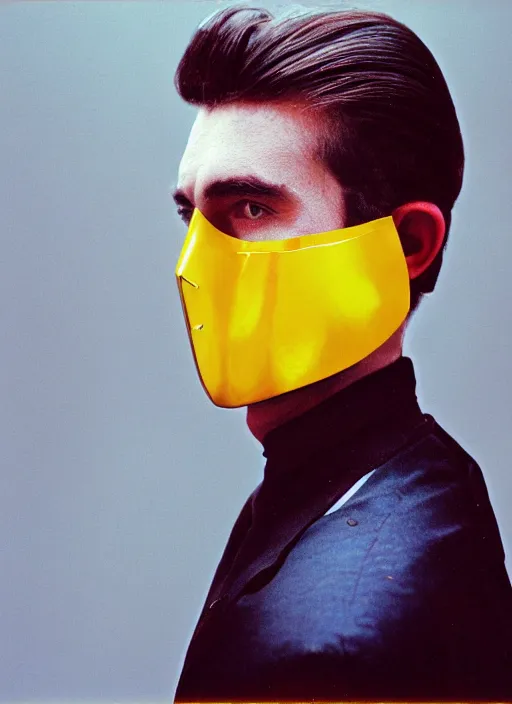 Prompt: a fashion portrait photograph of a man wearing a metal mask designed by piet mondrian, 3 5 mm, color film camera,