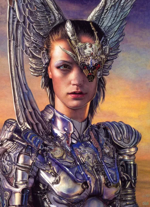 Prompt: biblical diabolical beautiful female valkyree android, pegasus, jump, rollerblades, heavy eyes to the side, closeup, bright glowing veins, in clouds, sunset, portrait, by gerald brom, by mikhail vrubel, by peter elson, muted colors, extreme detail, reflections, trending on artstation, 8 k