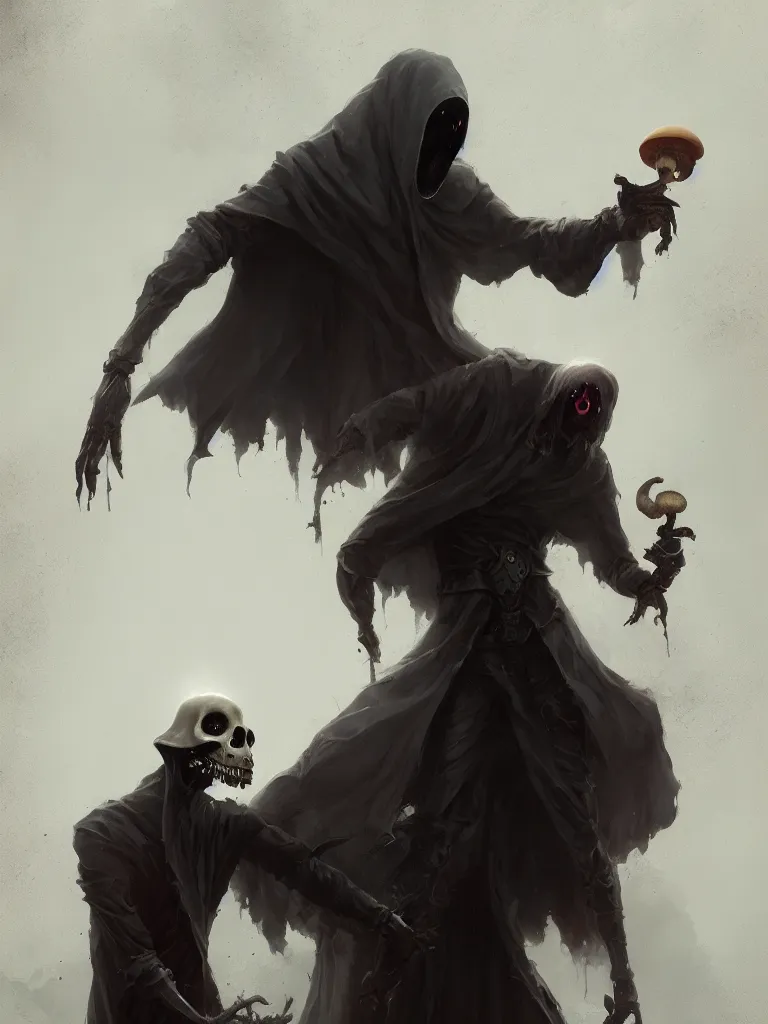 Image similar to the grim reaper stealing the soul from a humanoid mushroom. Dark fantasy art by Greg rutkowski. Trending on artstation