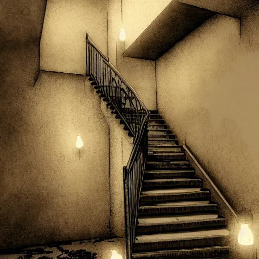 Image similar to scp - 0 8 7 staircase dark nightmare cinematic lightning, epic, realistic, ultra detailed
