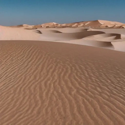 Prompt: a ultra realistic desolate planet of white sand dunes with a small figure in the distance bright blue sky