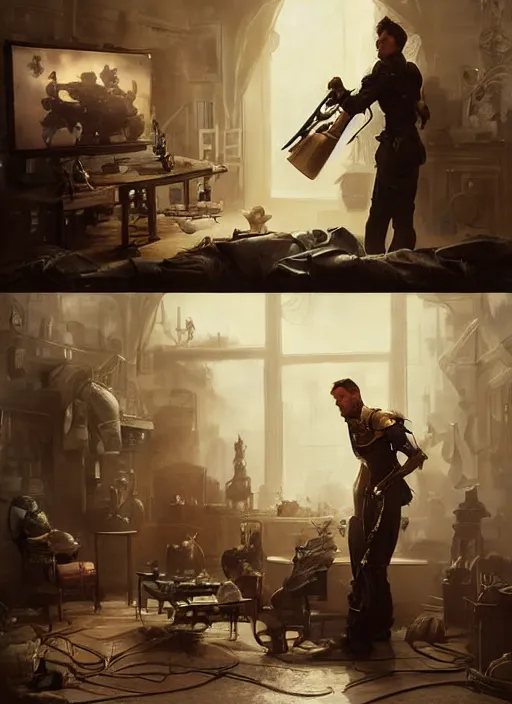 Image similar to portrait of Jordan Peterson cleaning his steampunk style room, digital painting, concept art, smooth, sharp focus, illustration, from Metal Gear, by Ruan Jia and Mandy Jurgens and William-Adolphe Bouguereau, Artgerm