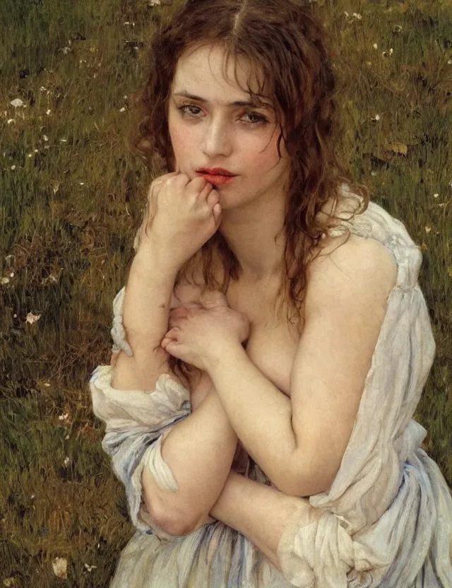 Image similar to tempting peasant girl with deep seductive décolleté looking in the camera, on a village, high angle view, portrait, Cinematic focus, Polaroid photo, vintage, neutral colors, soft light, foggy, by Steve Hanks, by Serov Valentin, by lisa yuskavage, by Andrei Tarkovsky 8k render, detailed, oil on canvas