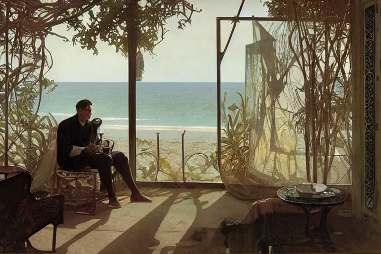 Prompt: a matte painting of a man sitting down and having a cup of tea in his house by the beach, by greg rutkowski, alphonse mucha, muted colors