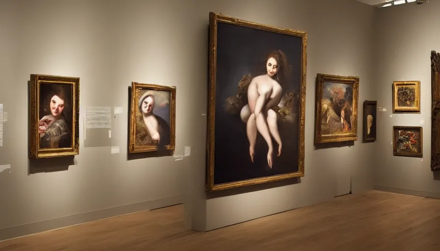 Image similar to a gallery full of portrait paintings of seductive women, walls full of art, museum