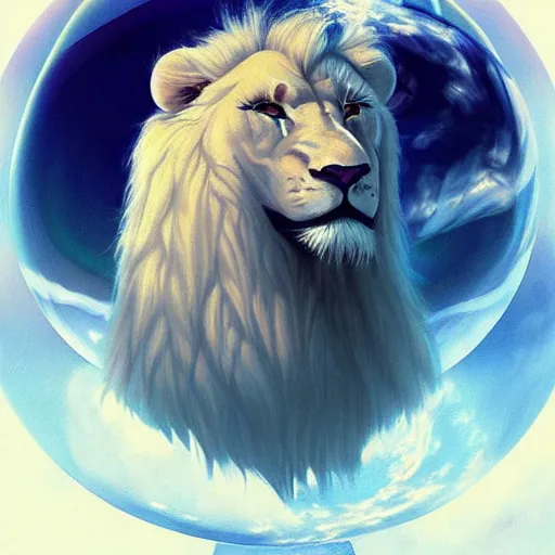 Prompt: aesthetic portrait commission of a albino muscular and attractive anthro lion wearing an attractive pastel greek outfit floating inside a floating soap bubble in a simple blue cloudy sky with clouds orbiting the bubble like a planet, minimalistic art, hyperdetailed. Character design by charlie bowater, ross tran, artgerm, and makoto shinkai, detailed, inked, western comic book art, 2021 award winning painting
