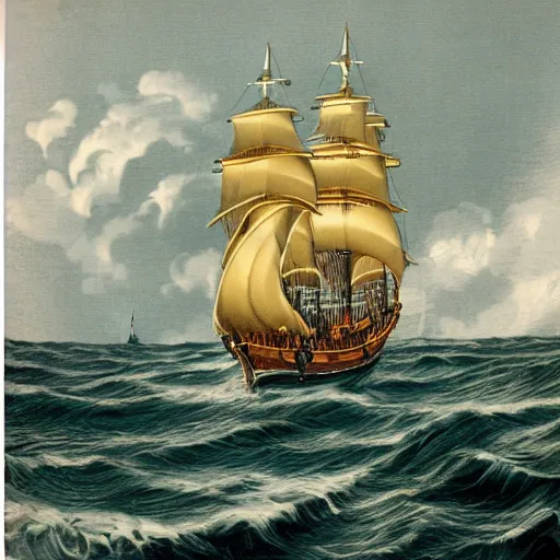 Prompt: detailed golden age illustration of a pirate ship on the ocean