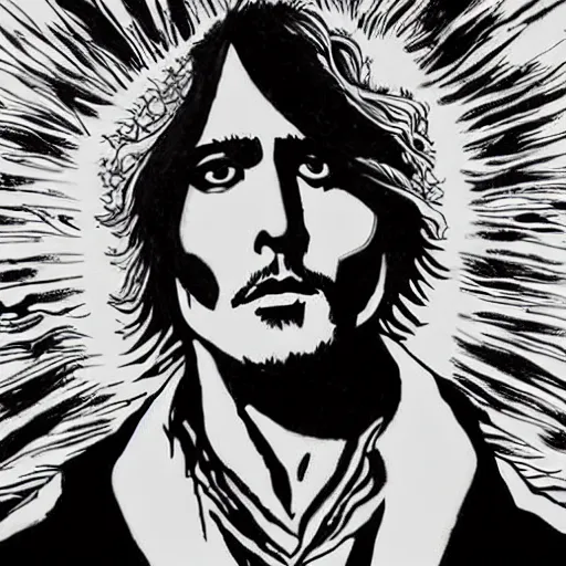 Image similar to black and white pen and ink!!!!!!! Johnny Depp x Ryan Gosling wearing cosmic space robes made of stars final form flowing royal hair golden!!!! Vagabond!!!!!!!! floating magic swordsman!!!! glides through a beautiful!!!!!!! Camellia flower battlefield dramatic esoteric!!!!!! Long hair flowing dancing illustrated in high detail!!!!!!!! by Moebius and Hiroya Oku!!!!!!!!! graphic novel published on 2049 award winning!!!! full body portrait!!!!! action exposition manga panel black and white Shonen Jump issue by David Lynch eraserhead and beautiful line art Hirohiko Araki!! Rossetti, Millais, Mucha, Jojo's Bizzare Adventure