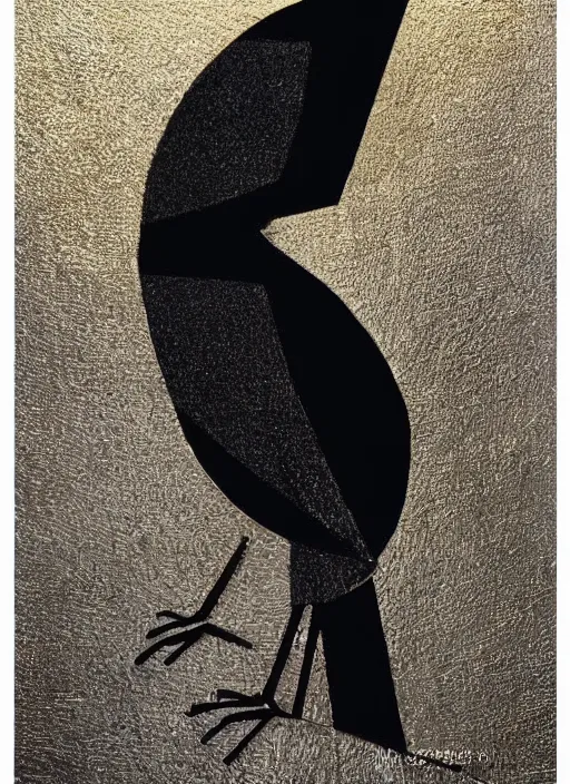 Image similar to black gold silver, crow portrait!!!!!, symmetrical, award - winning painting, abstract, gold and silver shapes, rectangles, geometry, elegant, luxurious, beautiful, pitch black background, dali