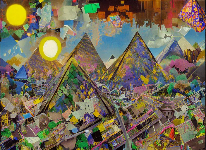 Prompt: “pixel art, decollage, dumpster with colorful huge baroque trash can, montain view landscape with a semitranslucent inverted floral pyramids, opaque shattered windows and twisted porcelain bats, in a golden sunset sky, by adrian ghenie, francis bacon, daniel richter and hilma af klint, extremely detailed, graffiti letters, children painting, amateur, 8k”