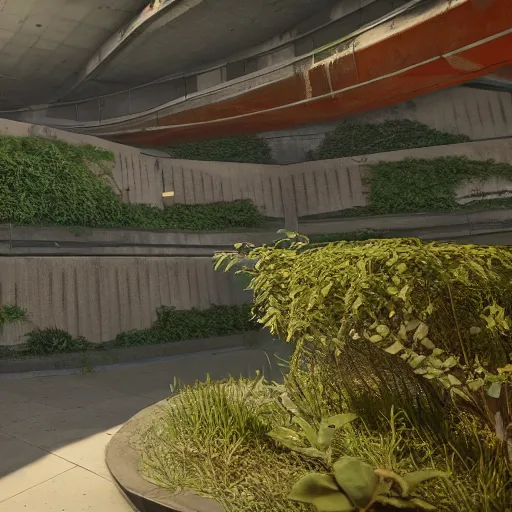 Image similar to screenshot of game on unreal engine 5, in a liminal underground garden, photorealistic, retrofuturism, brutalism, staggered terraces, minimalist, soft vintage glow