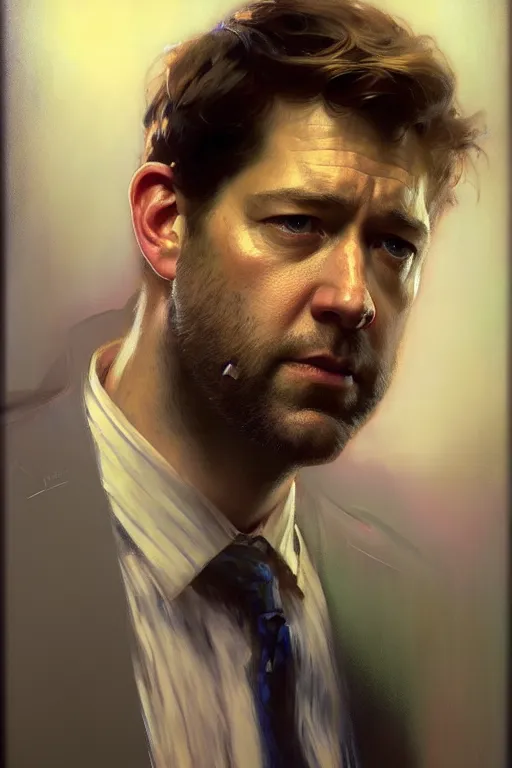 Image similar to hyperrealist portrait of jim halpert by jeremy mann and alphonse mucha, fantasy art, photo realistic, dynamic lighting, artstation, poster, volumetric lighting, very detailed faces, 4 k, award winning