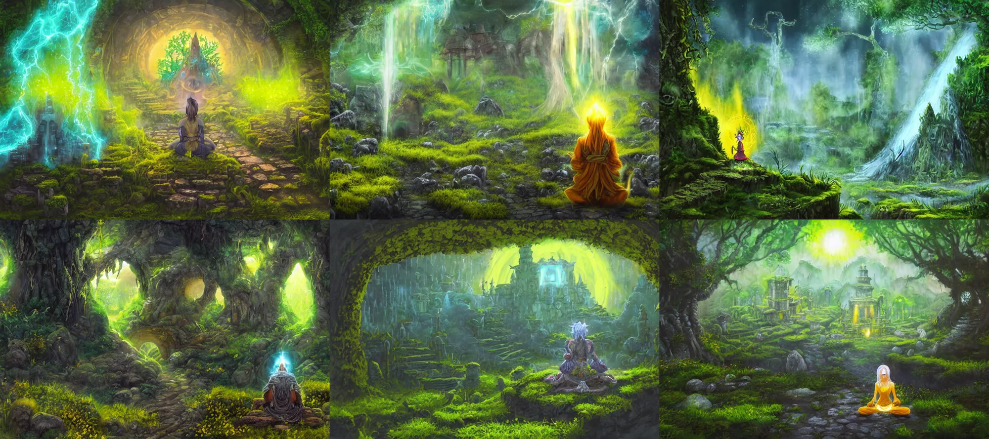 Prompt: a wanderer wearing yellow sits in meditation at an ancient shrine. mossy decrepit ruins in a forgotten land. magical leylines emit streaks of various colors of mana streams. a final fantasy concept splash oil painting of a rogue mage absorbing powers from the dungeon depths in an enchanted garden.