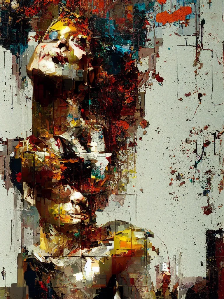 Image similar to a beautiful glitched painting by robert proch of a woman in a glitched bathroom, metal rust and plaster materials, pixel sorting, color bleeding, brushstrokes by jeremy mann, still life, dark colors