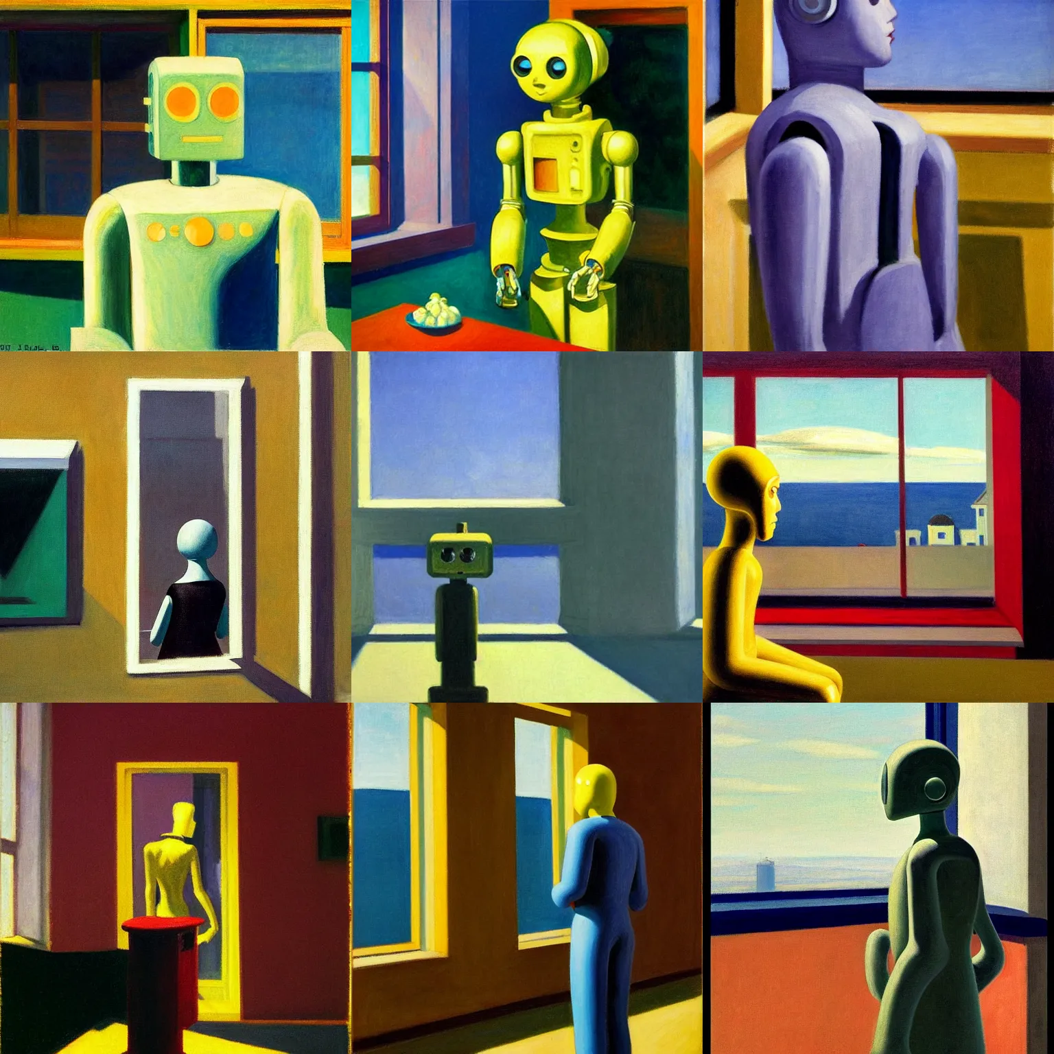 Prompt: robot looking at a sky in front of a window by edward hopper W 1024