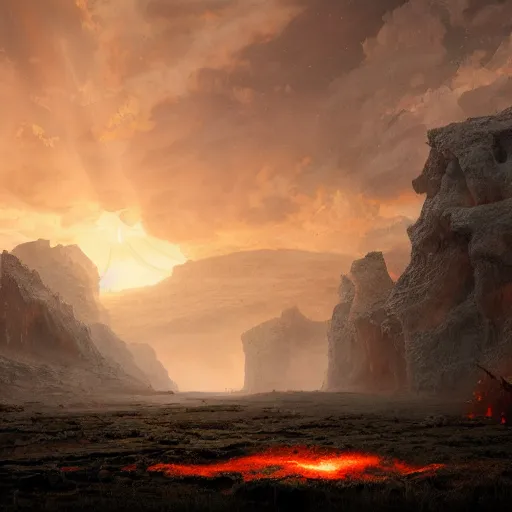 Image similar to gate to hell in the plains with red sky and meteors, volumetric lighting, 8 k octane beautifully detailed render, post - processing, extremely hyper - detailed, intricate, epic composition, cinematic lighting, masterpiece, trending on artstation, detailed detailed detailed, masterpiece, stunning art by anders zorn, wonderful masterpiece by greg rutkowski, beautiful cinematic light,