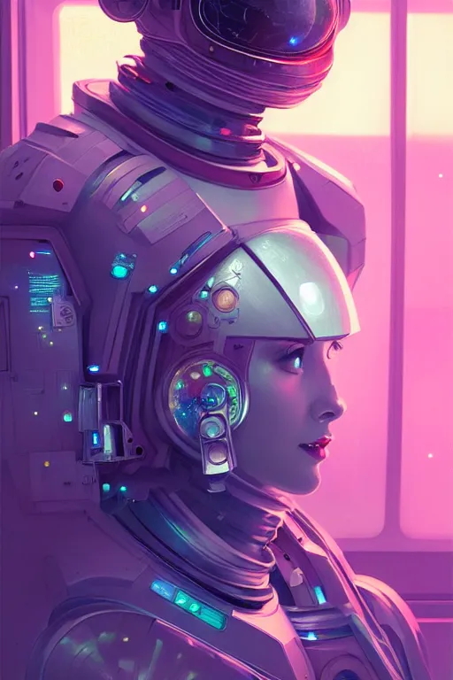 Prompt: portrait armored astronaut girl, inside spaceship command room viewing galaxy, ssci-fi neon light and fantasy, intricate and very very beautiful and elegant, highly detailed, digital painting, artstation, concept art, smooth and sharp focus, illustration, art by tian zi and WLOP and alphonse mucha