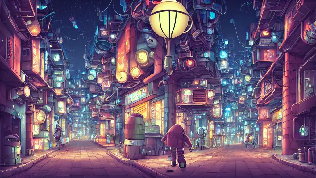 Image similar to street view of futuristic machinarium tokyo at night by cyril rolando and naomi okubo and dan mumford and ricardo bofill. robots. robots walking the streets. advertisements for robots. robotic elegant lamps