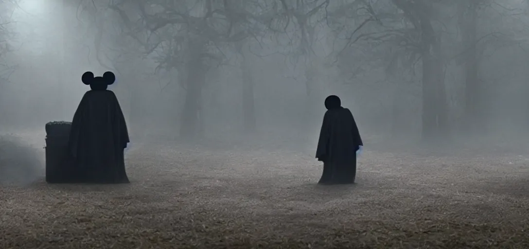 Image similar to prince of darkness as mickey mouse waking from his coffin, foggy, cinematic shot, photo still from movie by denis villeneuve, wayne barlowe