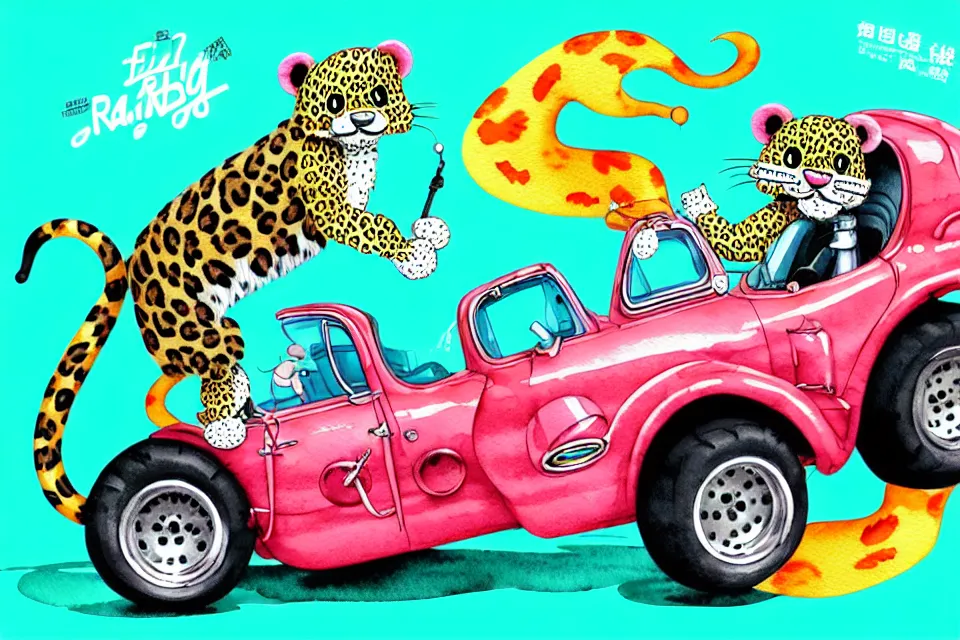 Prompt: cute and funny, leopard riding in a tiny hot rod with oversized engine, ratfink style by ed roth, centered award winning watercolor pen illustration, isometric illustration by chihiro iwasaki, edited by range murata, tiny details by artgerm and watercolor girl, symmetrically isometrically centered