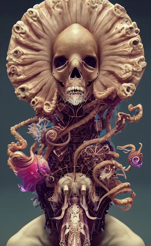 Prompt: goddess close-up portrait ram skull, thorax, x-ray, backbone, phoenix head, nautilus, orchid, skull, betta fish, bioluminiscent creatures, intricate artwork by Tooth Wu and wlop and beeple. octane render, trending on artstation, greg rutkowski very coherent symmetrical artwork. cinematic, hyper realism, high detail, octane render, 8k, green and orange tones