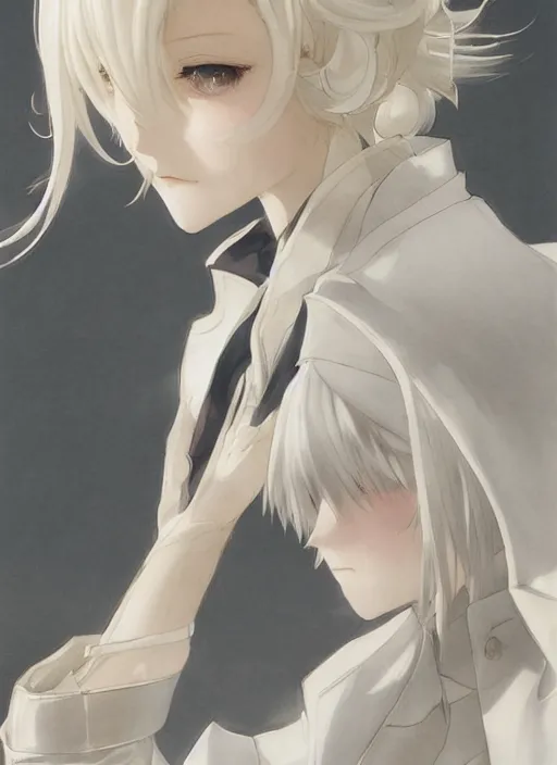 Image similar to luxury advertisement, medium close-up of a manga girl with a white trenchcoat by krenz cushart, Sasoura, Satchely and Akihiko Yoshida, black medium length Dutch bob cut hair with straight bangs, poster