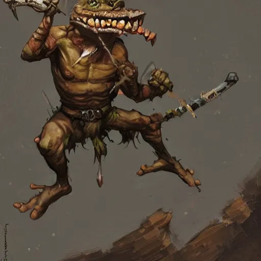 Image similar to crazy goblin with a slingshot, wearing a grenade belt, by Greg Rutkowski, in the style of magic the gathering