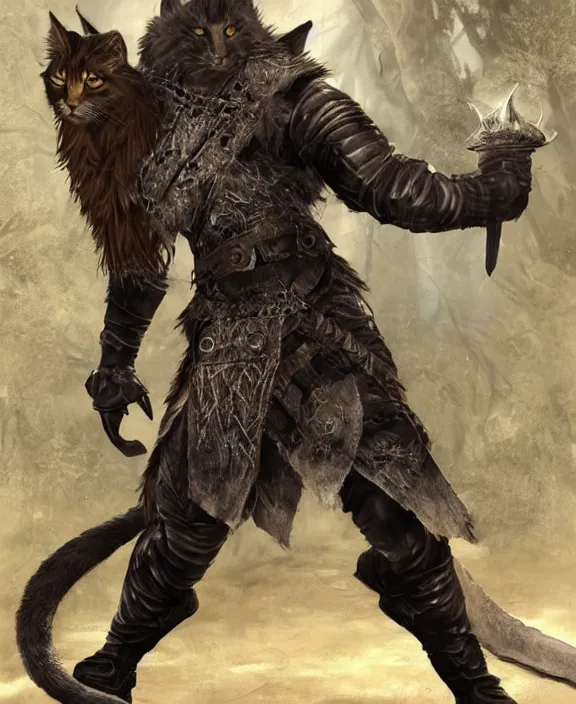 Image similar to humanoid male khajiit rogue, wearing leather armor, mainecoon cat features with black fur, far - mid shot, magic the gathering, fantasy